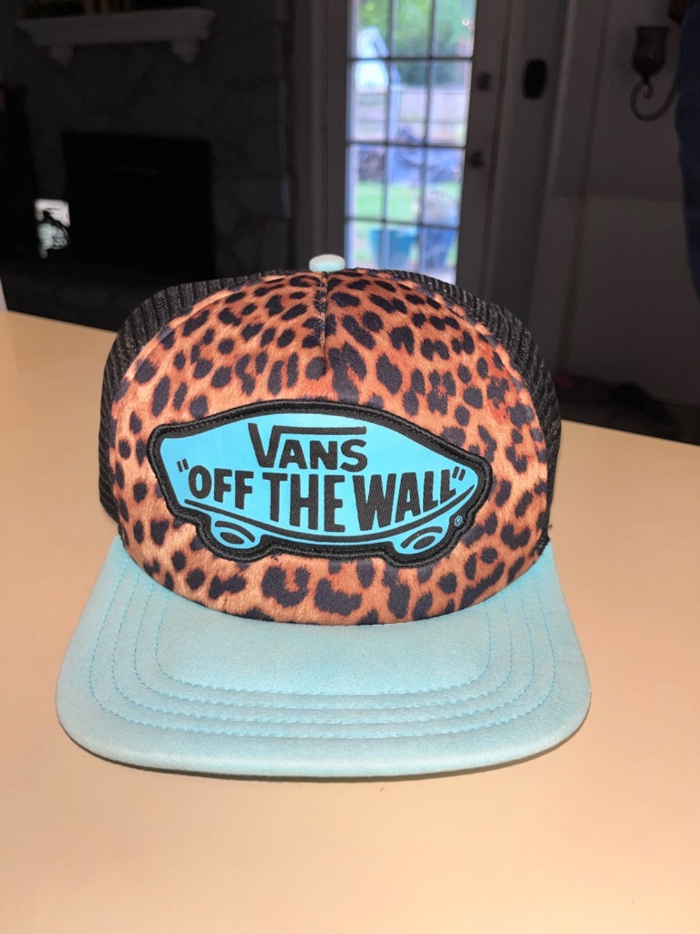 Vans Leopard Print Trucker Hat with Teal Patch and Brim